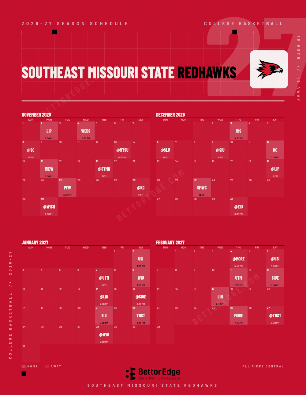 Southeast Missouri State Redhawks 2026-27 basketball schedule, free printable, every game with start times and TV