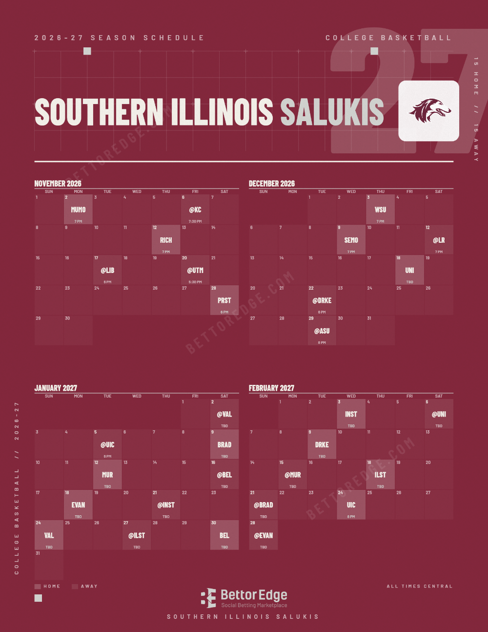 Southern Illinois Salukis 2026-27 basketball schedule, free printable, every game with start times and TV
