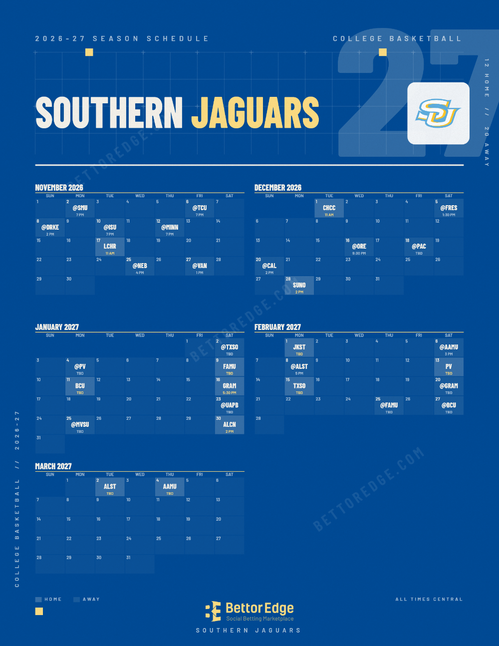 Southern Jaguars 2026-27 basketball schedule, free printable, every game with start times and TV