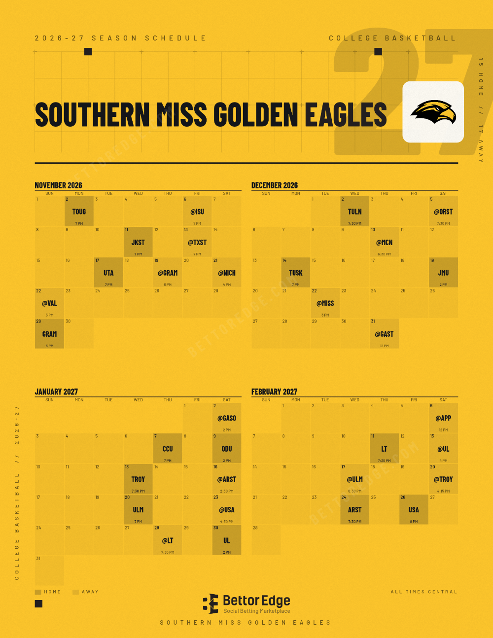 Southern Miss Golden Eagles 2026-27 basketball schedule, free printable, every game with start times and TV