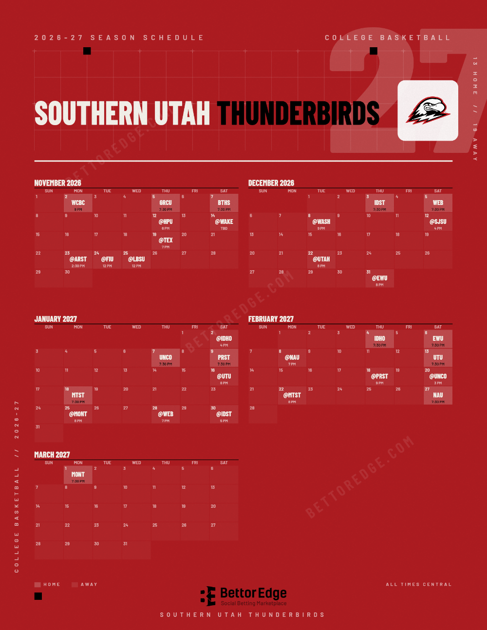 Southern Utah Thunderbirds 2026-27 basketball schedule, free printable, every game with start times and TV