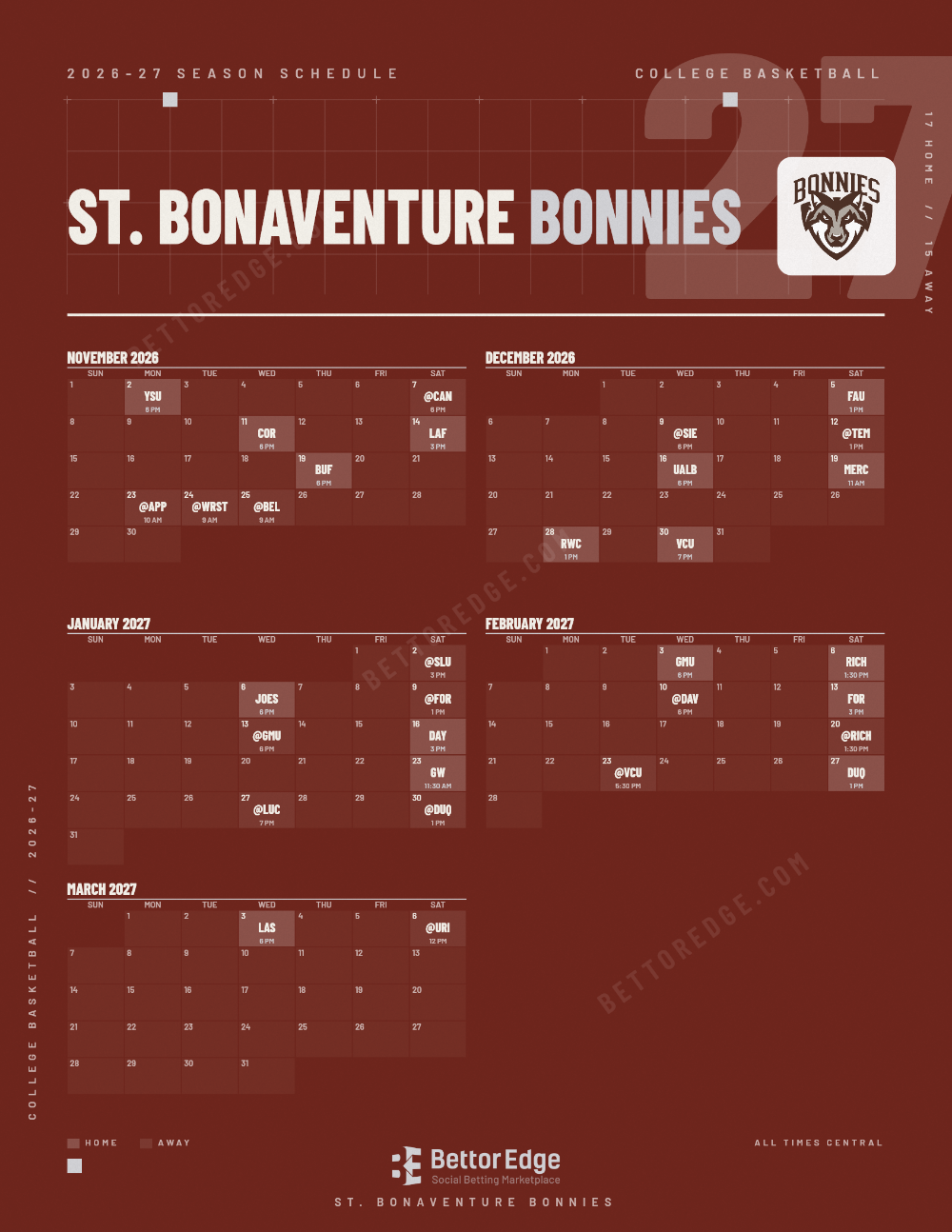 St. Bonaventure Bonnies 2026-27 basketball schedule, free printable, every game with start times and TV