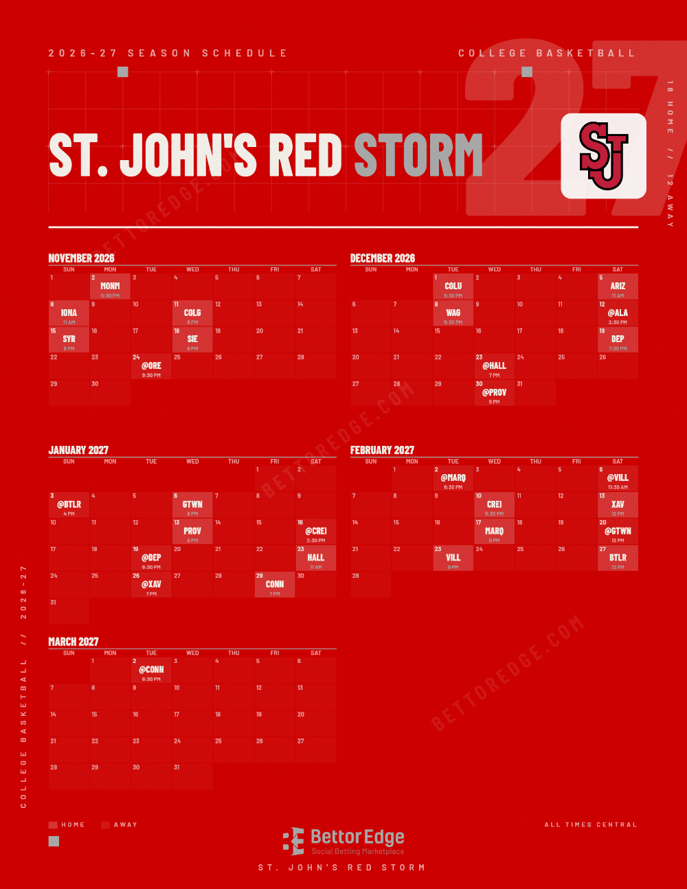 St. John's Red Storm 2026-27 basketball schedule, free printable, every game with start times and TV