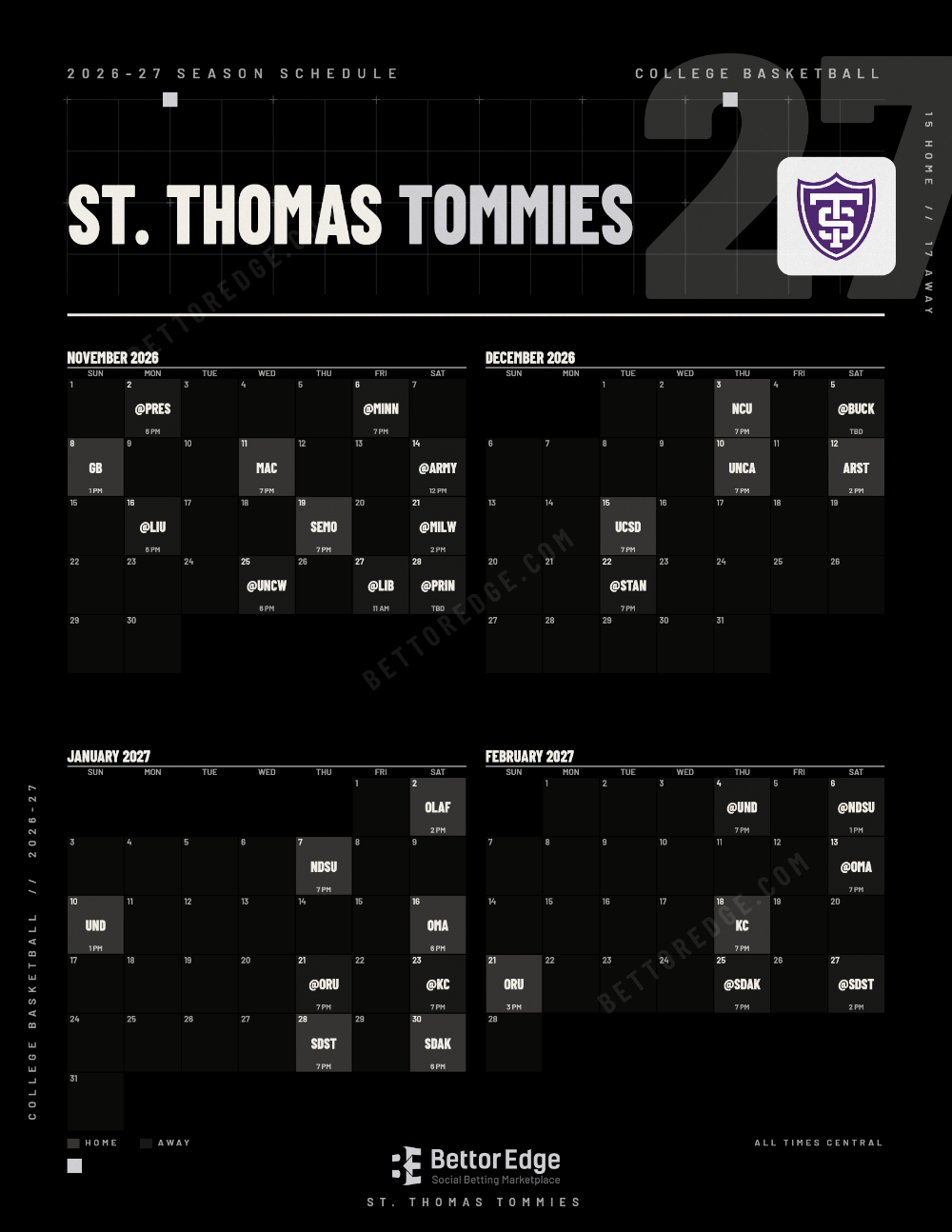 St. Thomas Tommies 2026-27 basketball schedule, free printable, every game with start times and TV