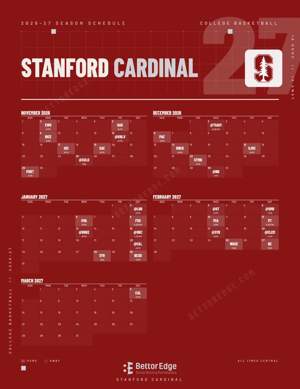 Stanford Cardinal 2026-27 basketball schedule, free printable, every game with start times and TV