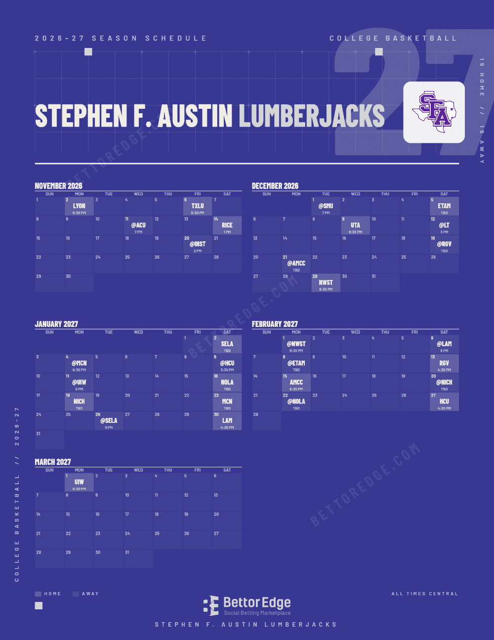 Stephen F. Austin Lumberjacks 2026-27 basketball schedule, free printable, every game with start times and TV