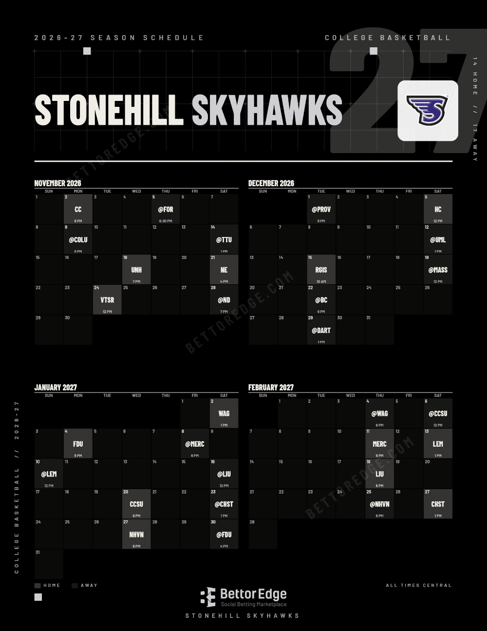 Stonehill Skyhawks 2026-27 basketball schedule, free printable, every game with start times and TV