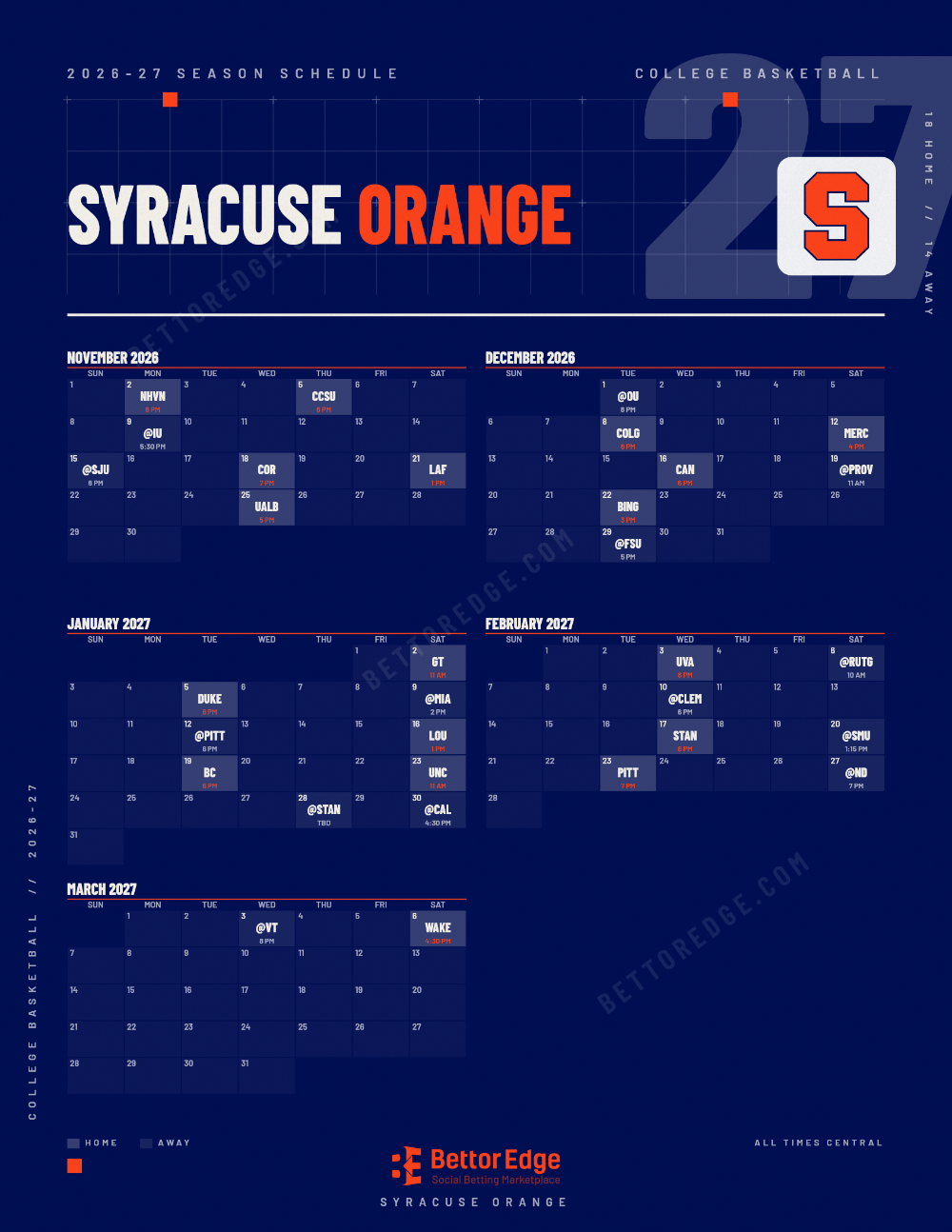 Syracuse Orange 2026-27 basketball schedule, free printable, every game with start times and TV
