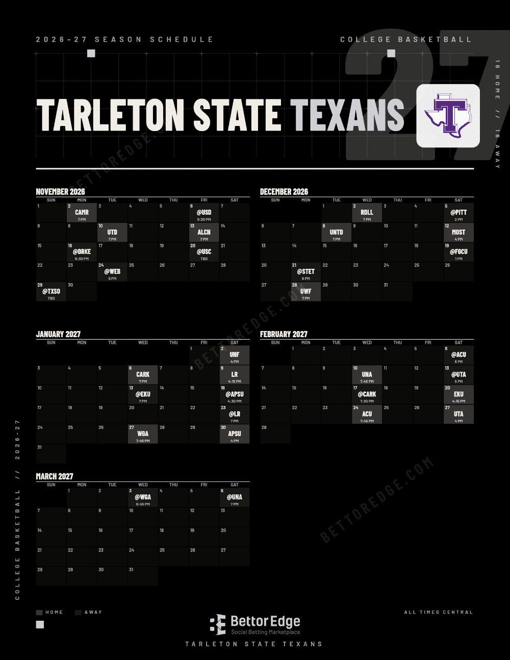 Tarleton State Texans 2026-27 basketball schedule, free printable, every game with start times and TV