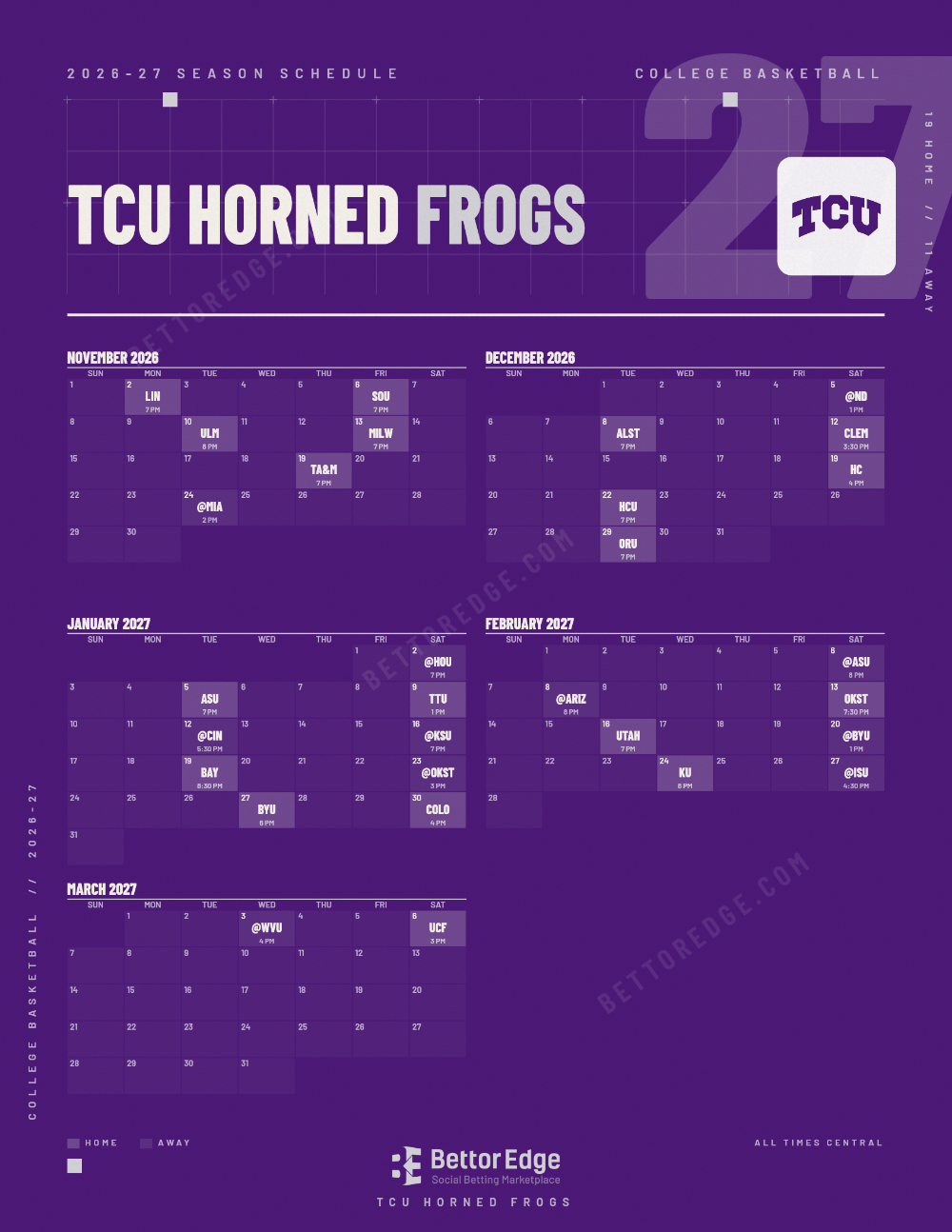 TCU Horned Frogs 2026-27 basketball schedule, free printable, every game with start times and TV