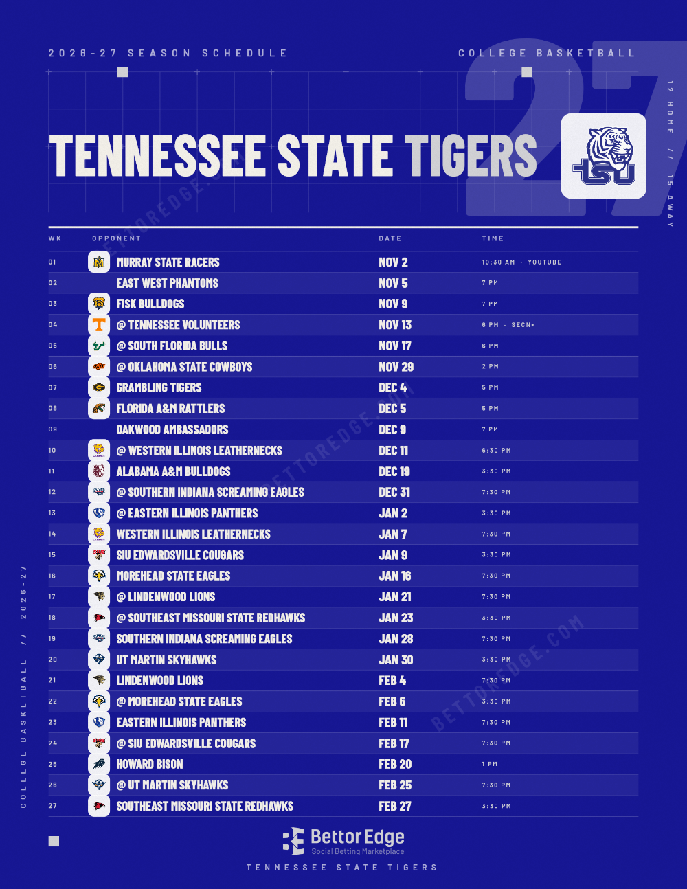 Tennessee State Tigers 2026-27 basketball schedule, free printable, every game with start times and TV