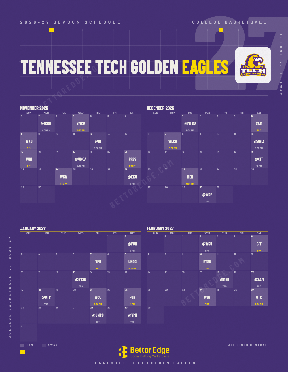 Tennessee Tech Golden Eagles 2026-27 basketball schedule, free printable, every game with start times and TV