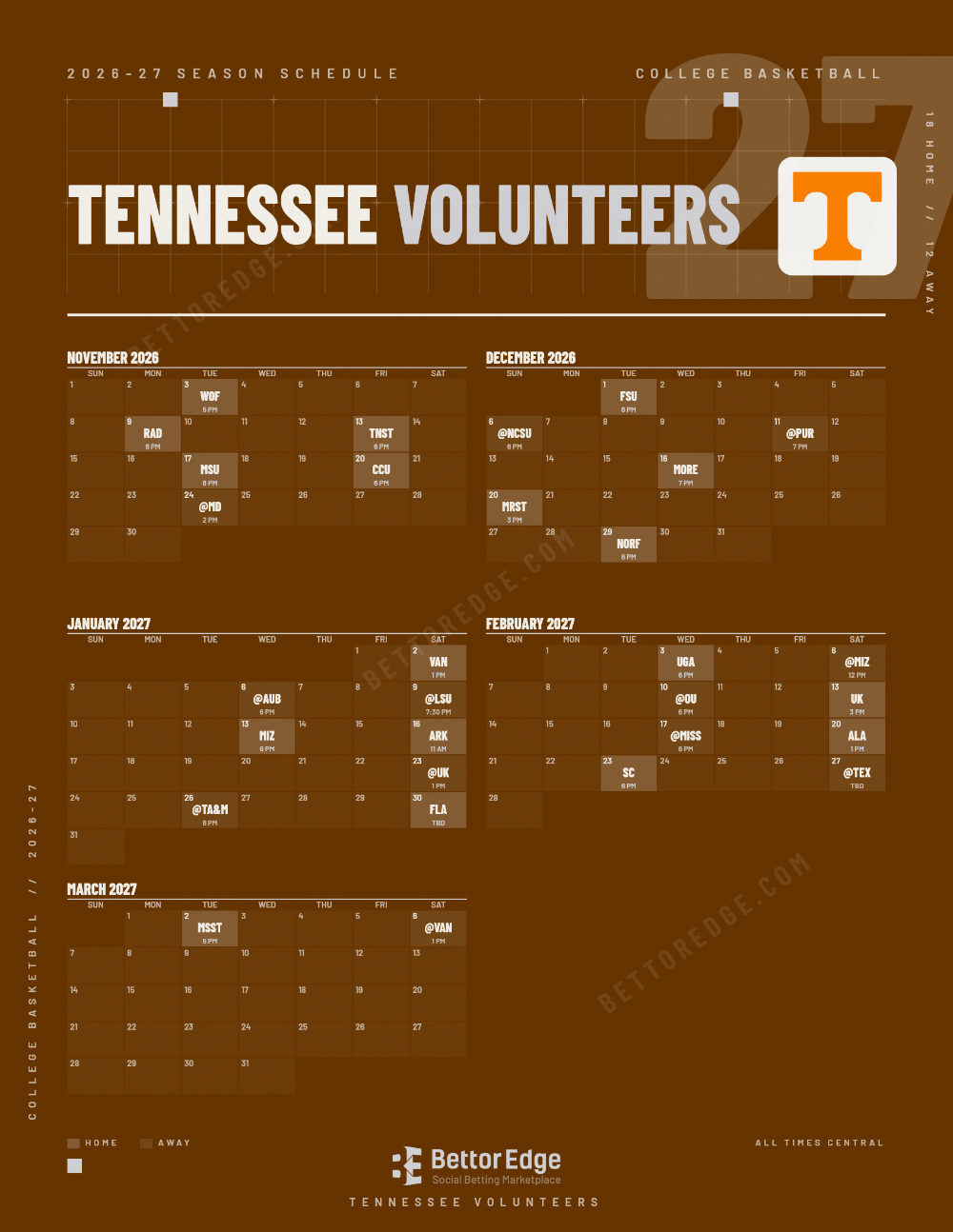 Tennessee Volunteers 2026-27 basketball schedule, free printable, every game with start times and TV
