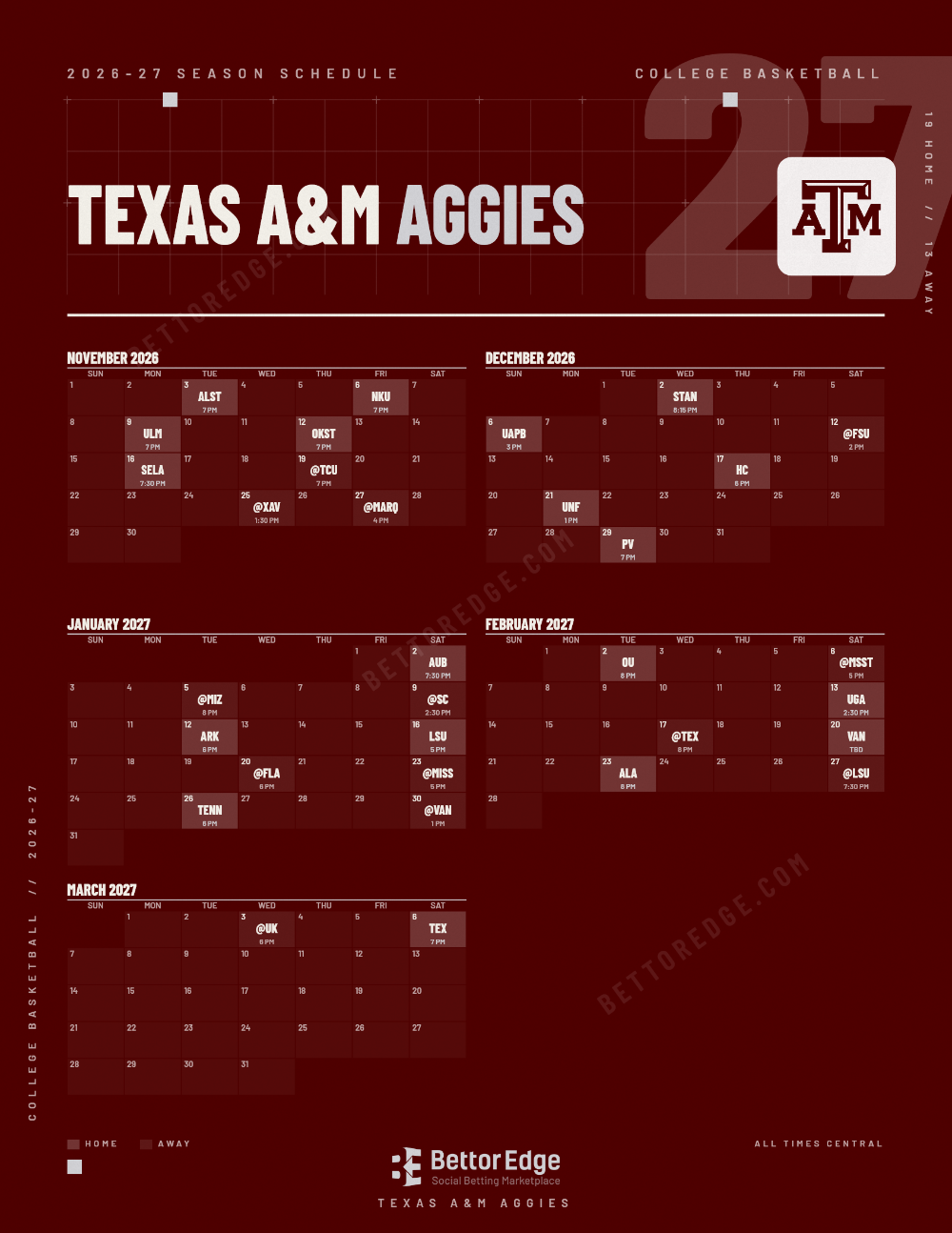 Texas A&M Aggies 2026-27 basketball schedule, free printable, every game with start times and TV
