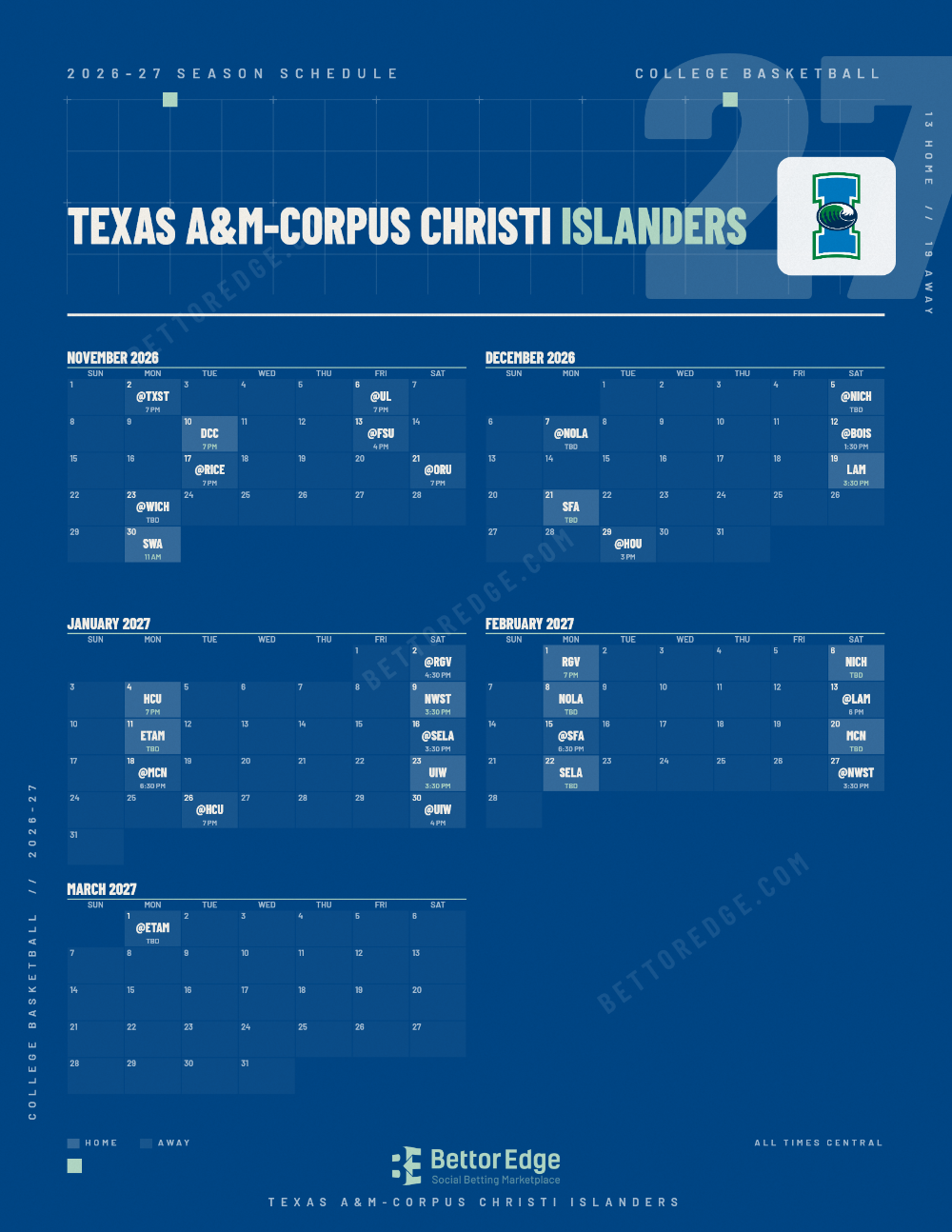 Texas A&M-Corpus Christi Islanders 2026-27 basketball schedule, free printable, every game with start times and TV