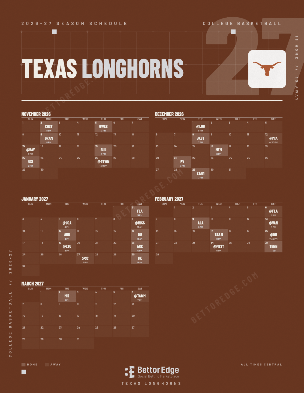 Texas Longhorns 2026-27 basketball schedule, free printable, every game with start times and TV