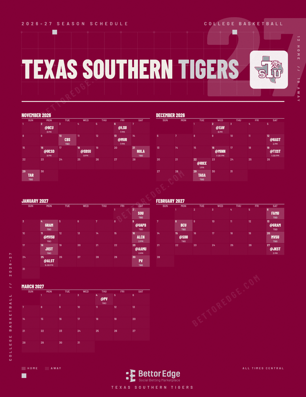 Texas Southern Tigers 2026-27 basketball schedule, free printable, every game with start times and TV