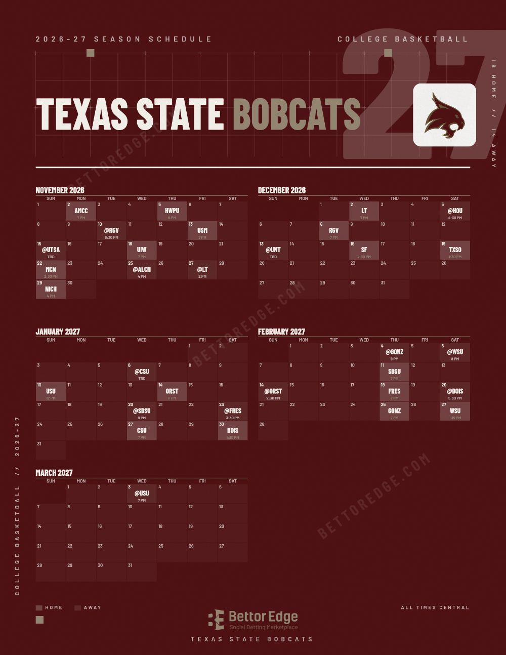 Texas State Bobcats 2026-27 basketball schedule, free printable, every game with start times and TV