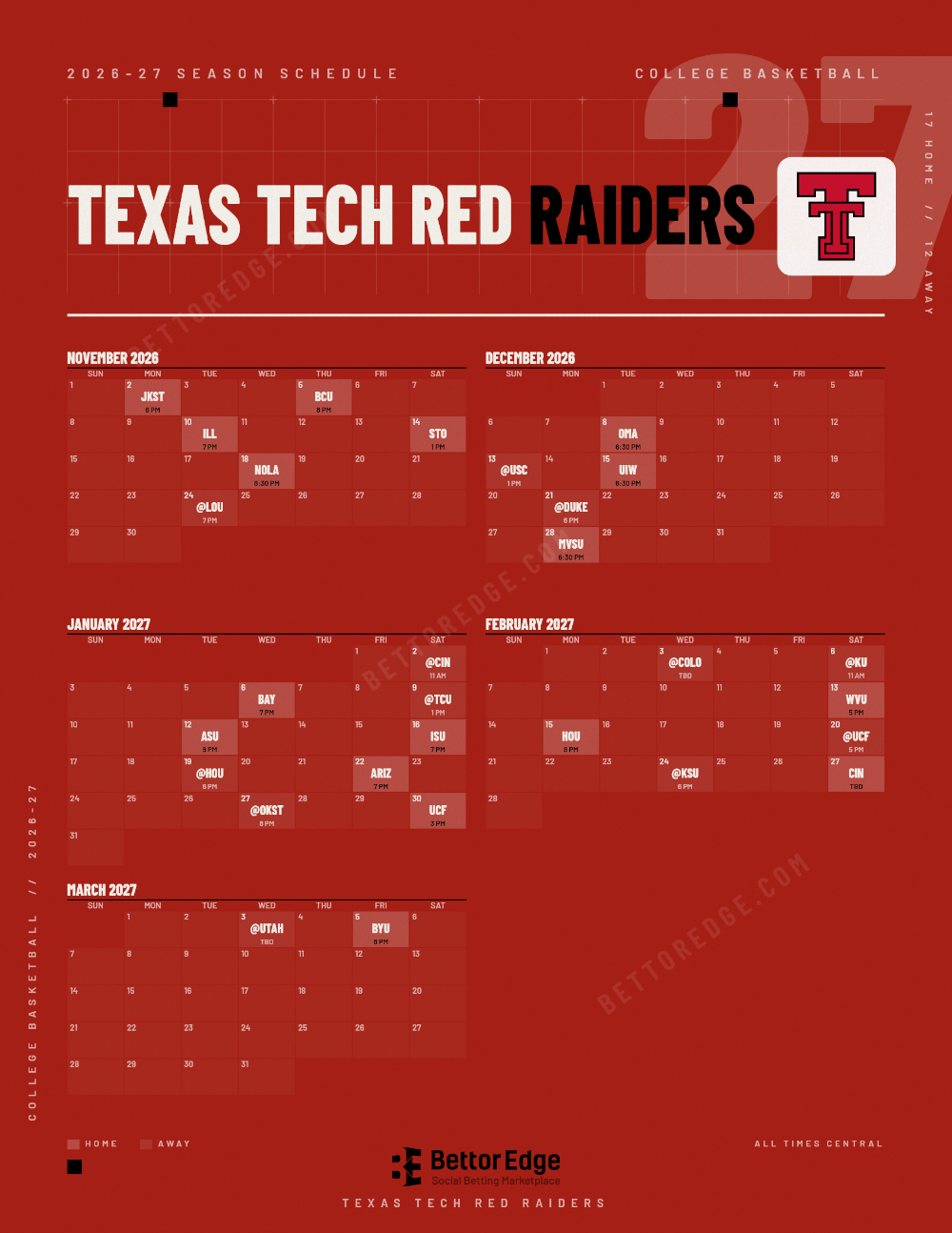 Texas Tech Red Raiders 2026-27 basketball schedule, free printable, every game with start times and TV