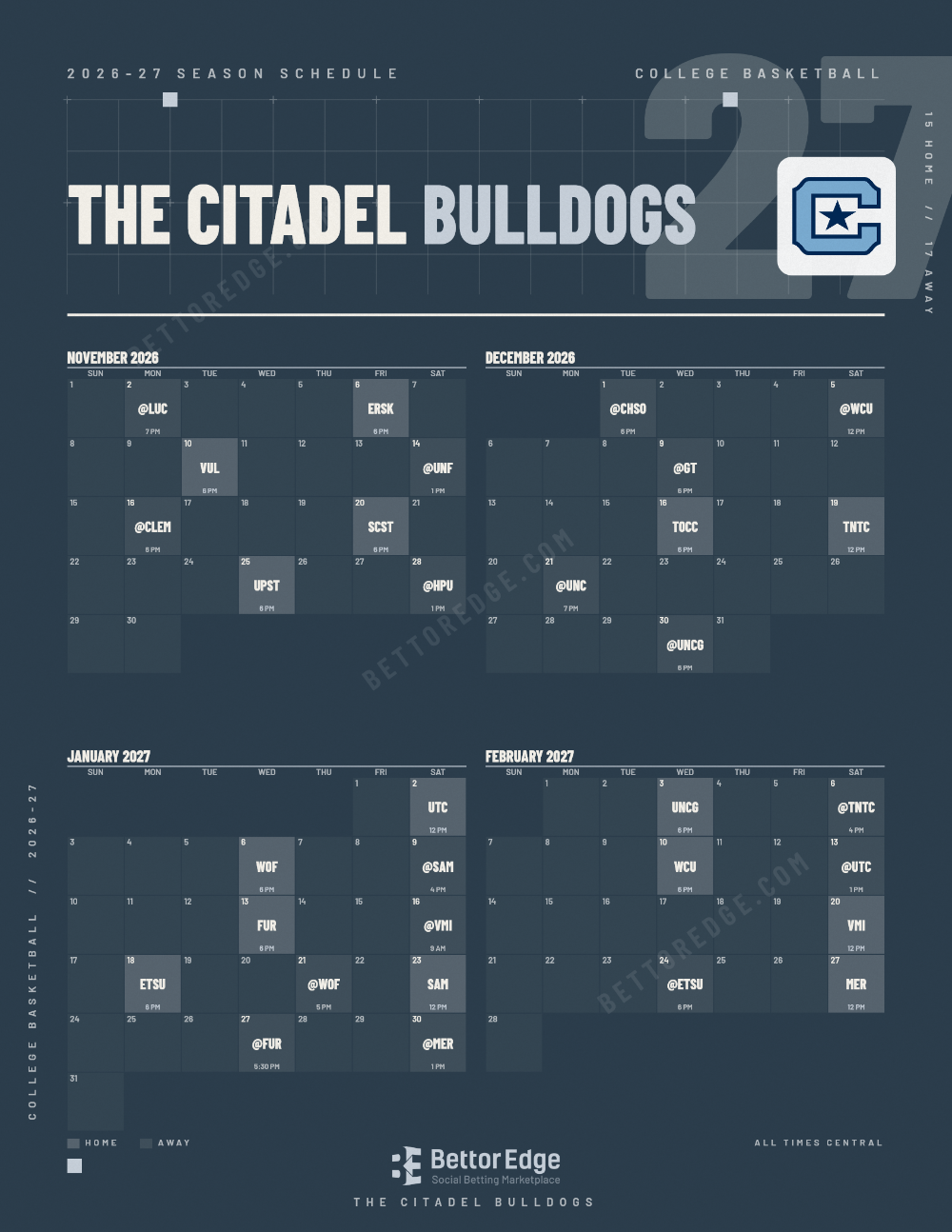 The Citadel Bulldogs 2026-27 basketball schedule, free printable, every game with start times and TV