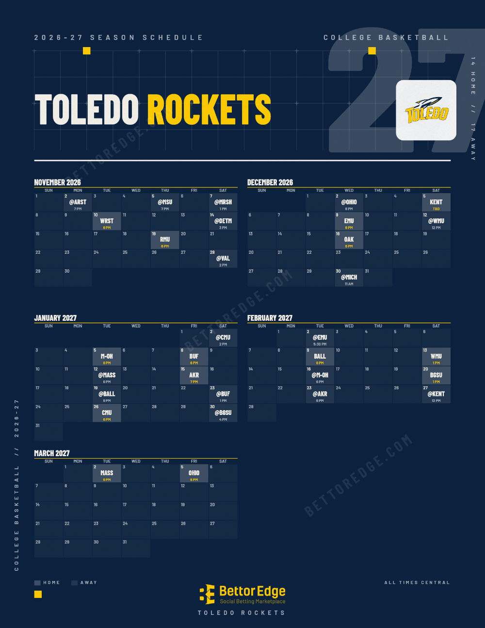 Toledo Rockets 2026-27 basketball schedule, free printable, every game with start times and TV