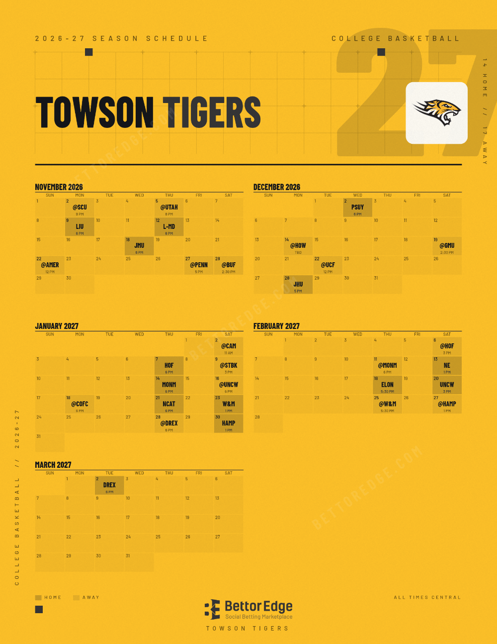 Towson Tigers 2026-27 basketball schedule, free printable, every game with start times and TV
