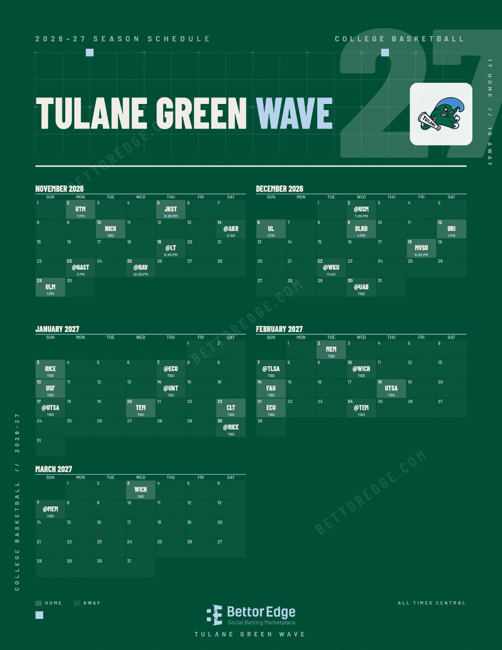 Tulane Green Wave 2026-27 basketball schedule, free printable, every game with start times and TV