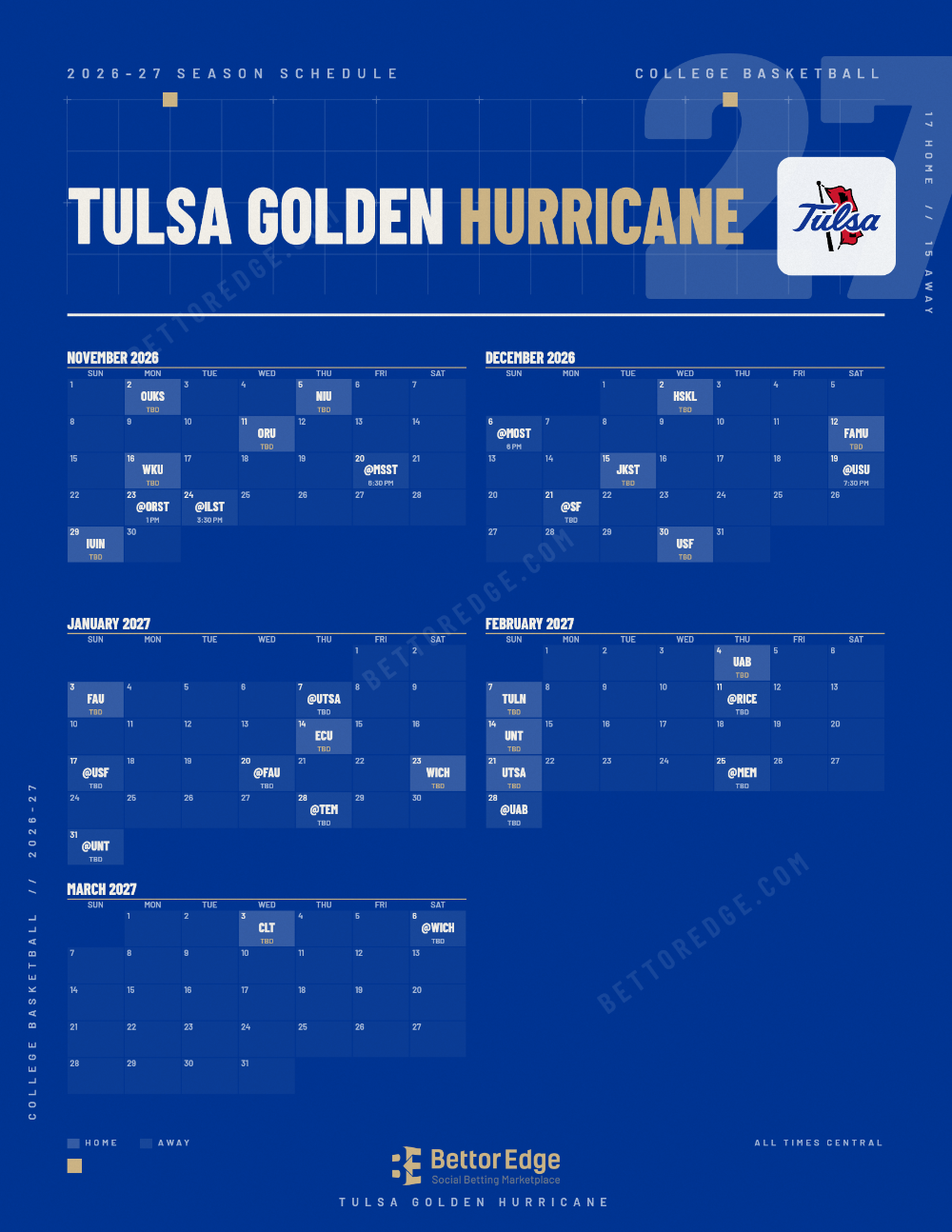 Tulsa Golden Hurricane 2026-27 basketball schedule, free printable, every game with start times and TV