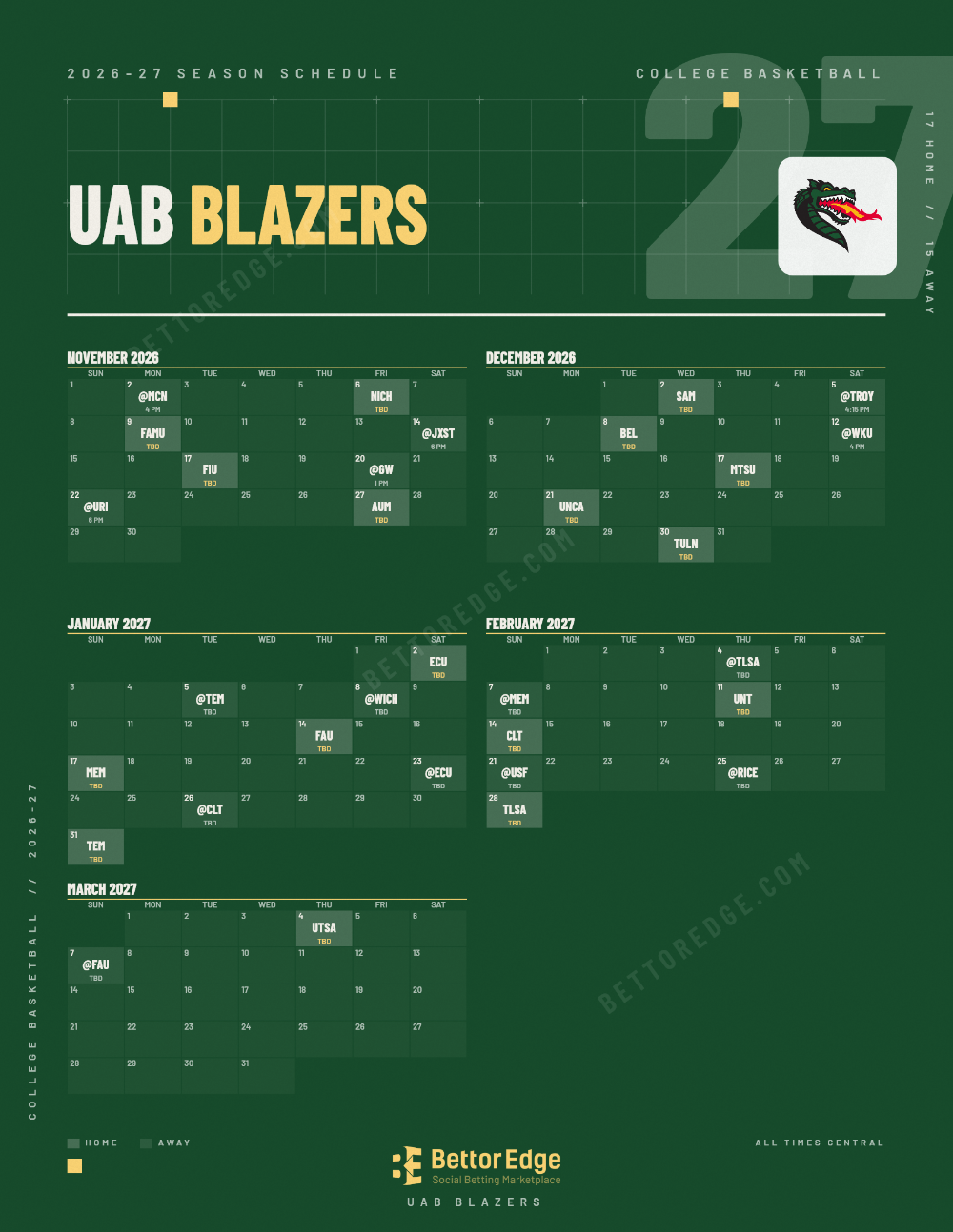 UAB Blazers 2026-27 basketball schedule, free printable, every game with start times and TV