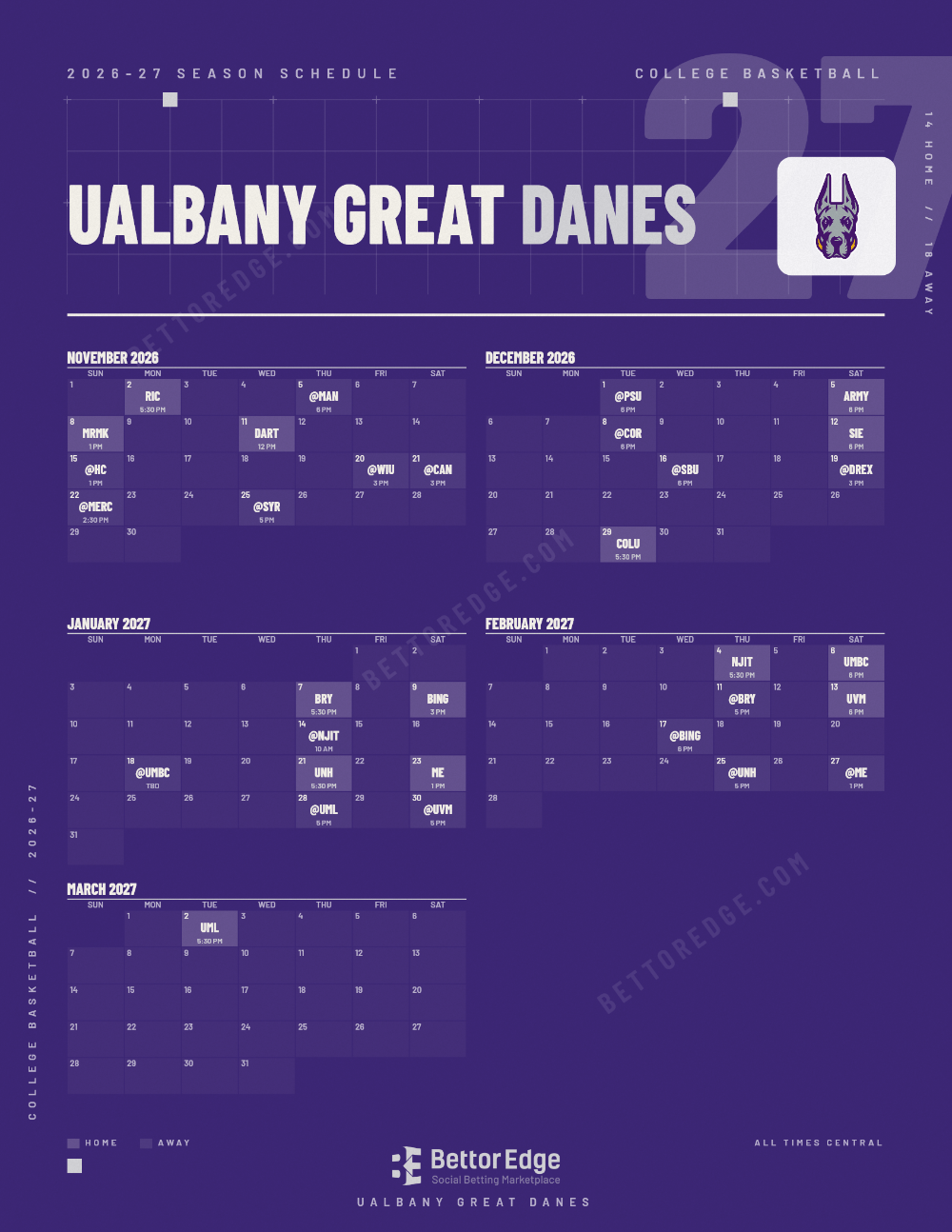 UAlbany Great Danes 2026-27 basketball schedule, free printable, every game with start times and TV