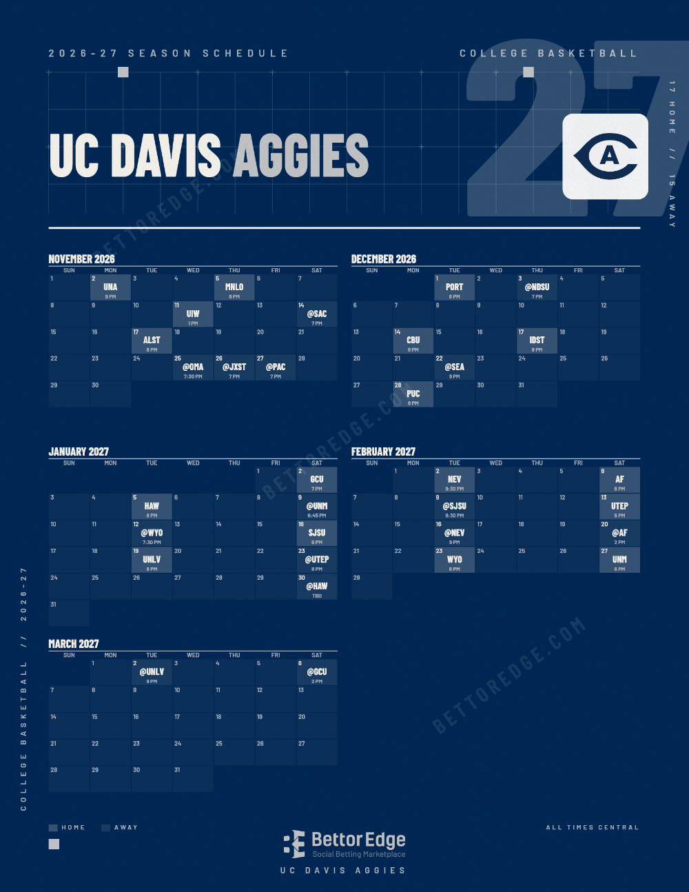 UC Davis Aggies 2026-27 basketball schedule, free printable, every game with start times and TV
