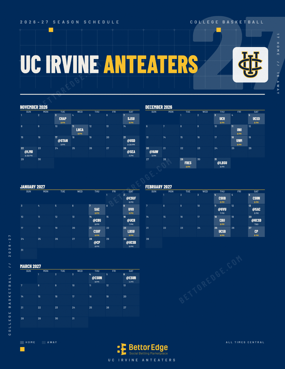 UC Irvine Anteaters 2026-27 basketball schedule, free printable, every game with start times and TV