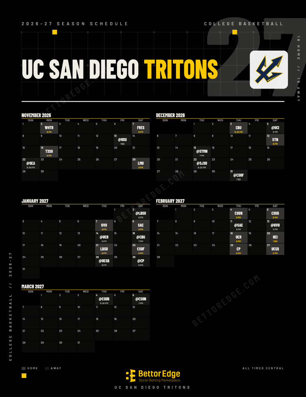 UC San Diego Tritons 2026-27 basketball schedule, free printable, every game with start times and TV