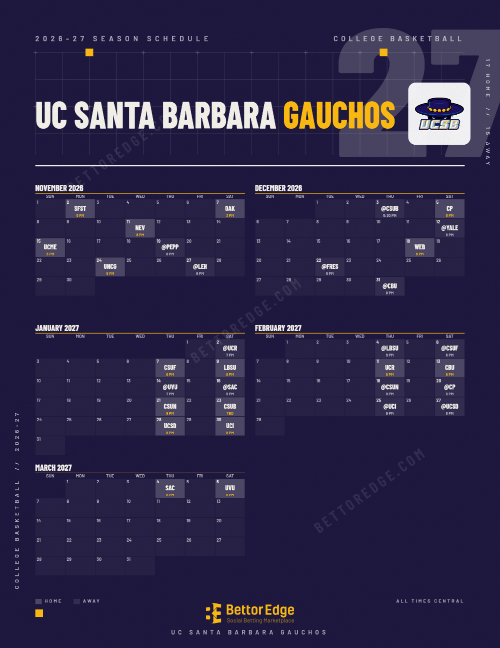 UC Santa Barbara Gauchos 2026-27 basketball schedule, free printable, every game with start times and TV