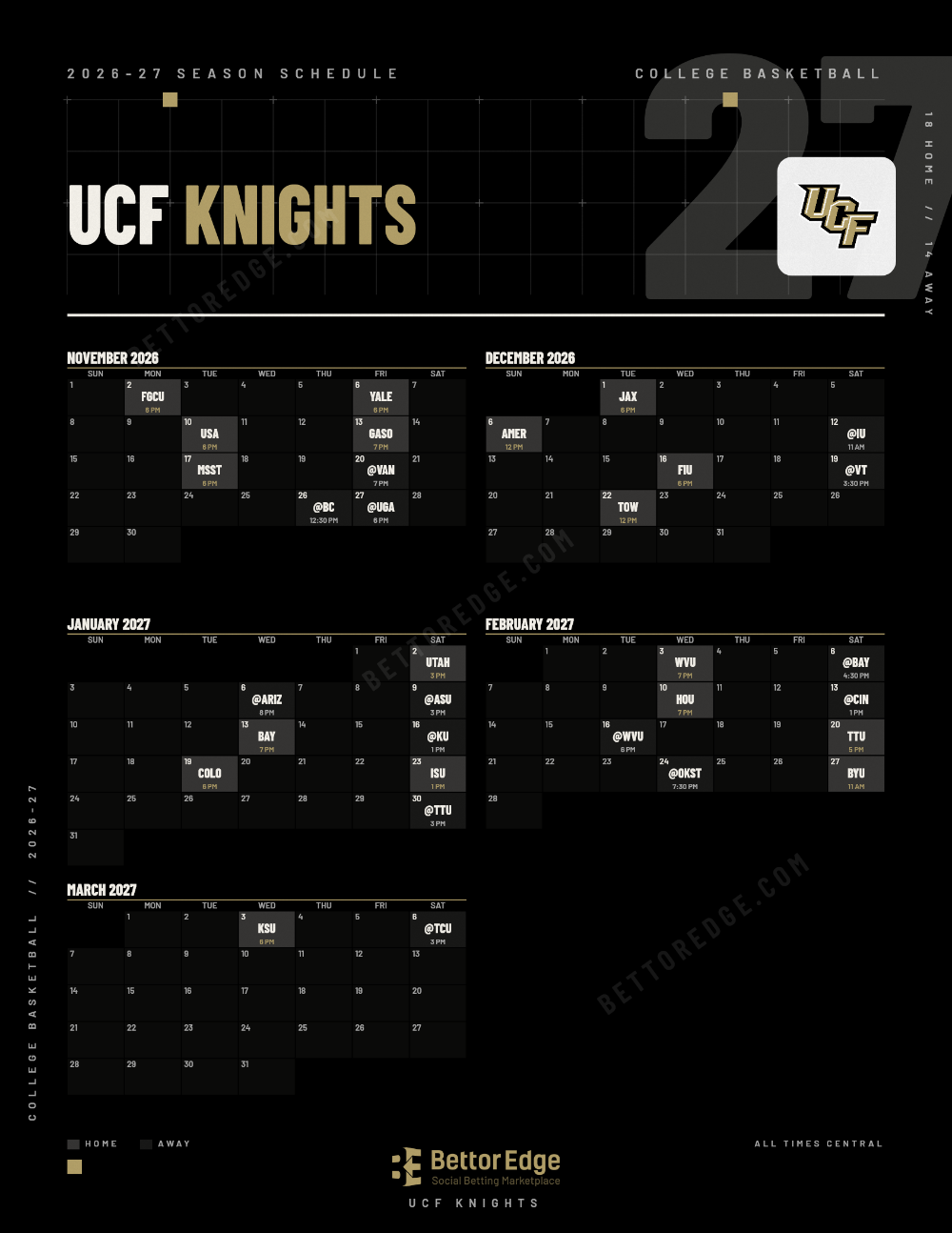 UCF Knights 2026-27 basketball schedule, free printable, every game with start times and TV