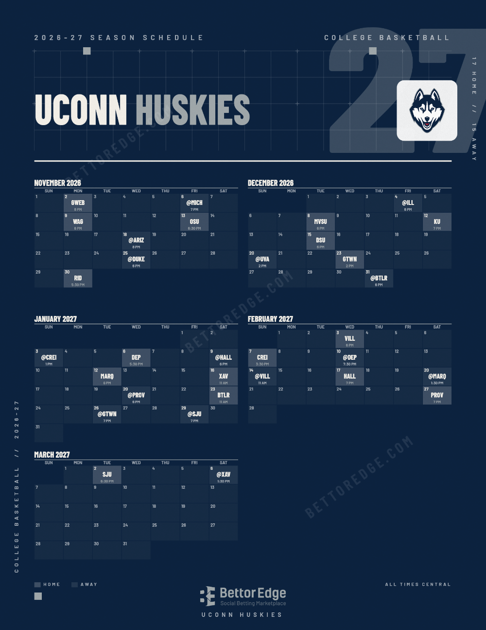 UConn Huskies 2026-27 basketball schedule, free printable, every game with start times and TV