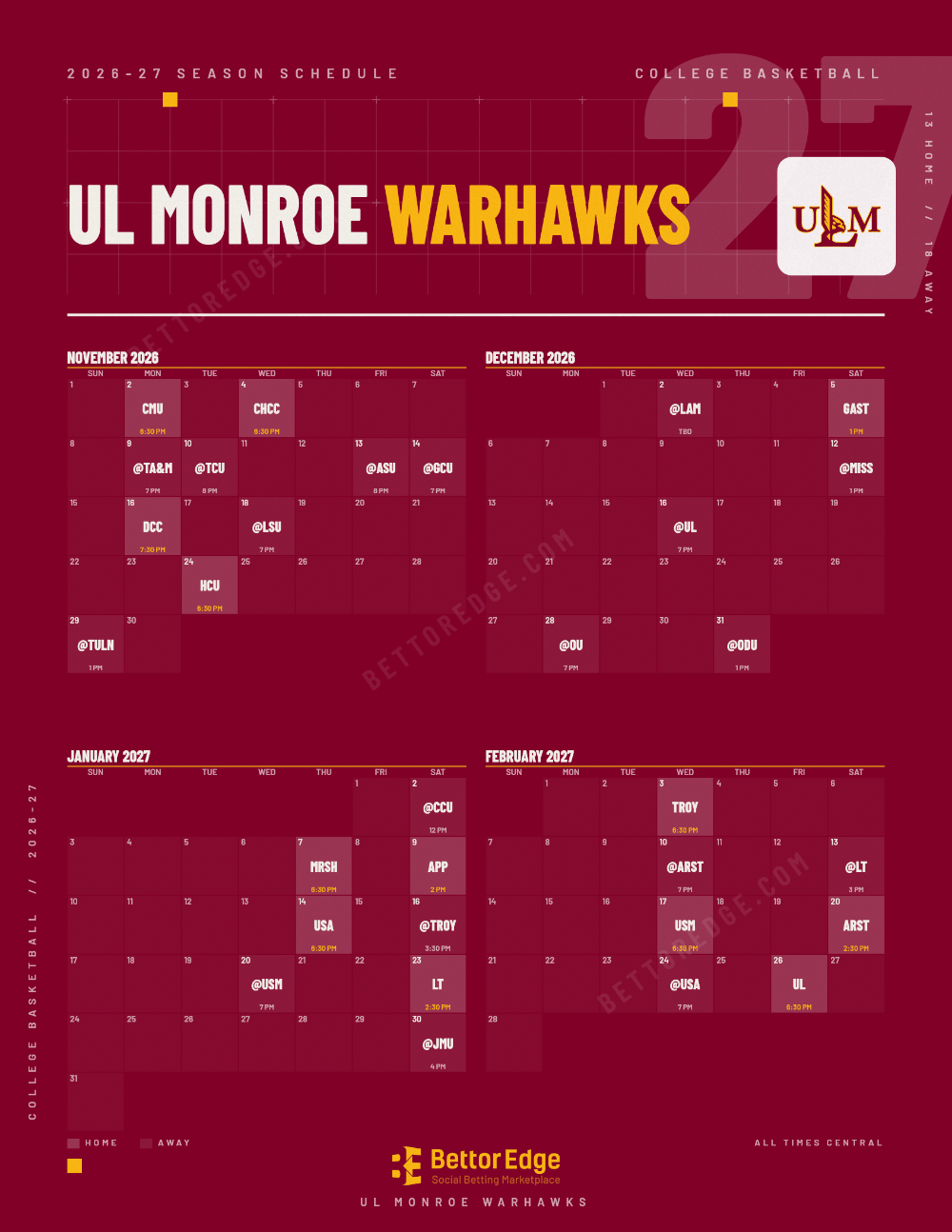 UL Monroe Warhawks 2026-27 basketball schedule, free printable, every game with start times and TV