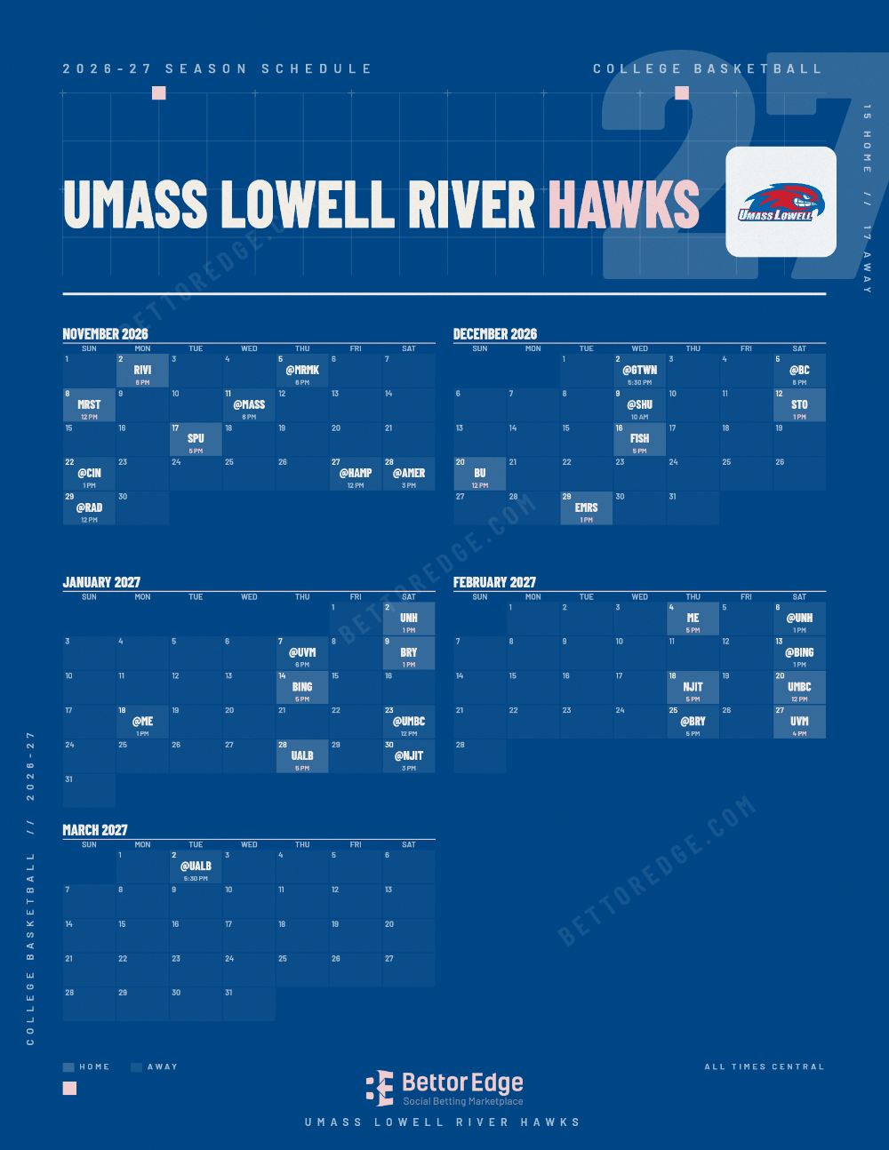 UMass Lowell River Hawks 2026-27 basketball schedule, free printable, every game with start times and TV