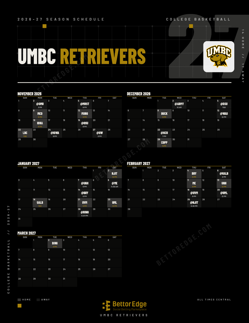 UMBC Retrievers 2026-27 basketball schedule, free printable, every game with start times and TV