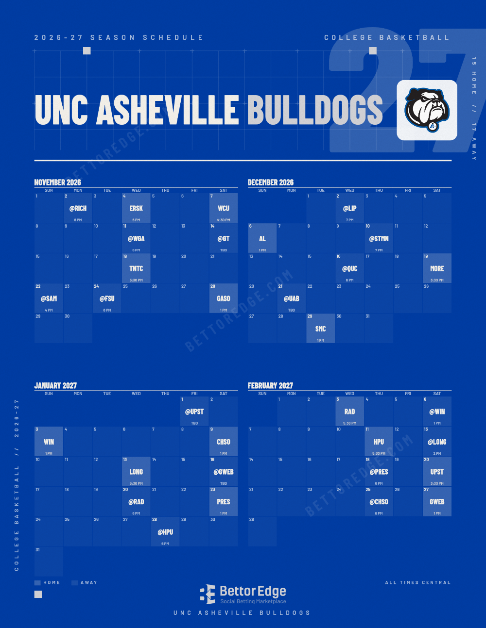 UNC Asheville Bulldogs 2026-27 basketball schedule, free printable, every game with start times and TV