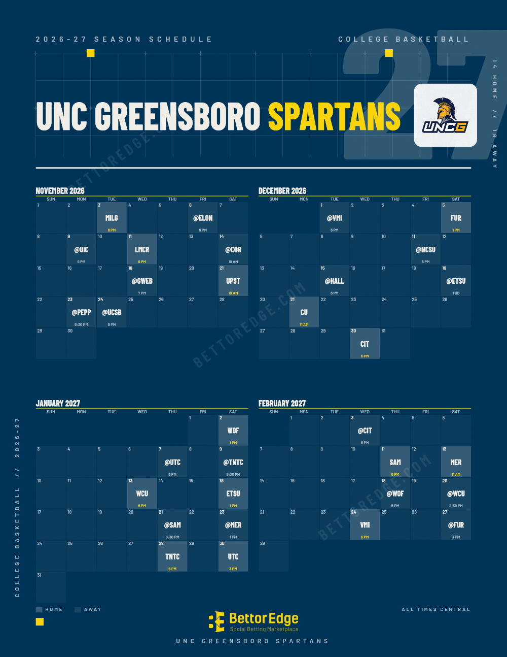 UNC Greensboro Spartans 2026-27 basketball schedule, free printable, every game with start times and TV
