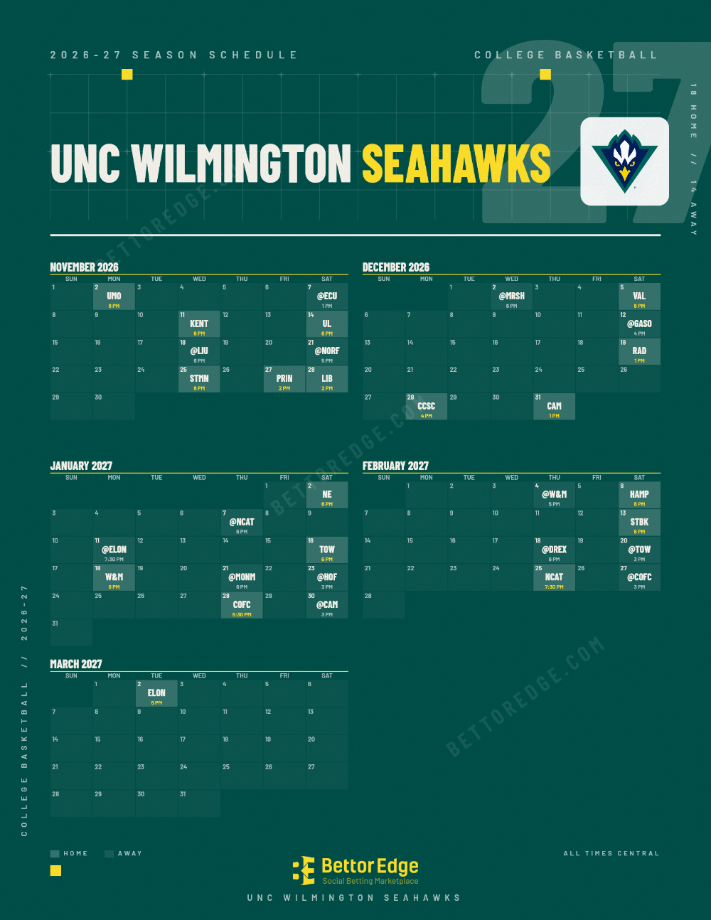 UNC Wilmington Seahawks 2026-27 basketball schedule, free printable, every game with start times and TV