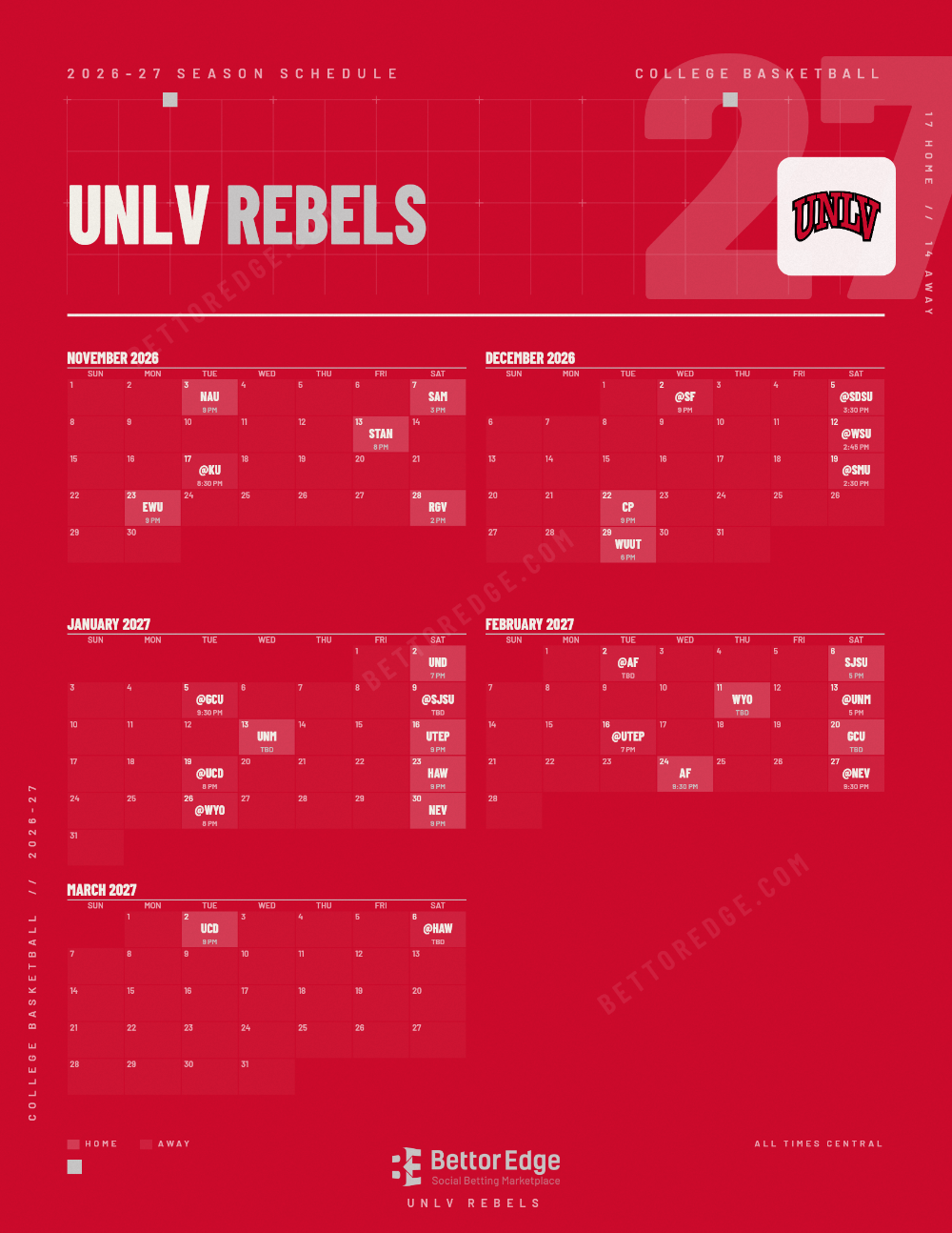 UNLV Rebels 2026-27 basketball schedule, free printable, every game with start times and TV