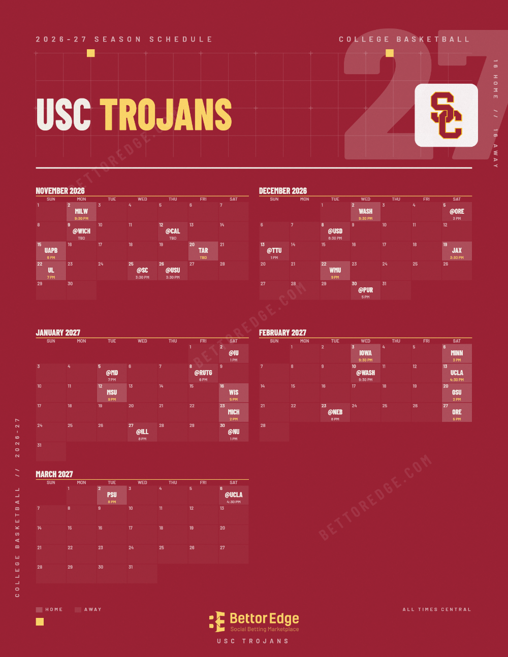 USC Trojans 2026-27 basketball schedule, free printable, every game with start times and TV