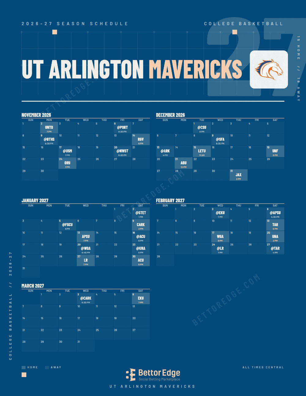 UT Arlington Mavericks 2026-27 basketball schedule, free printable, every game with start times and TV
