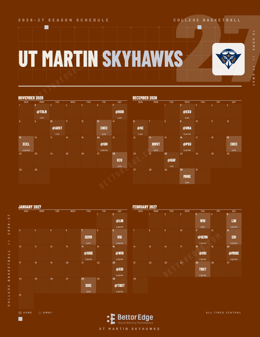 UT Martin Skyhawks 2026-27 basketball schedule, free printable, every game with start times and TV