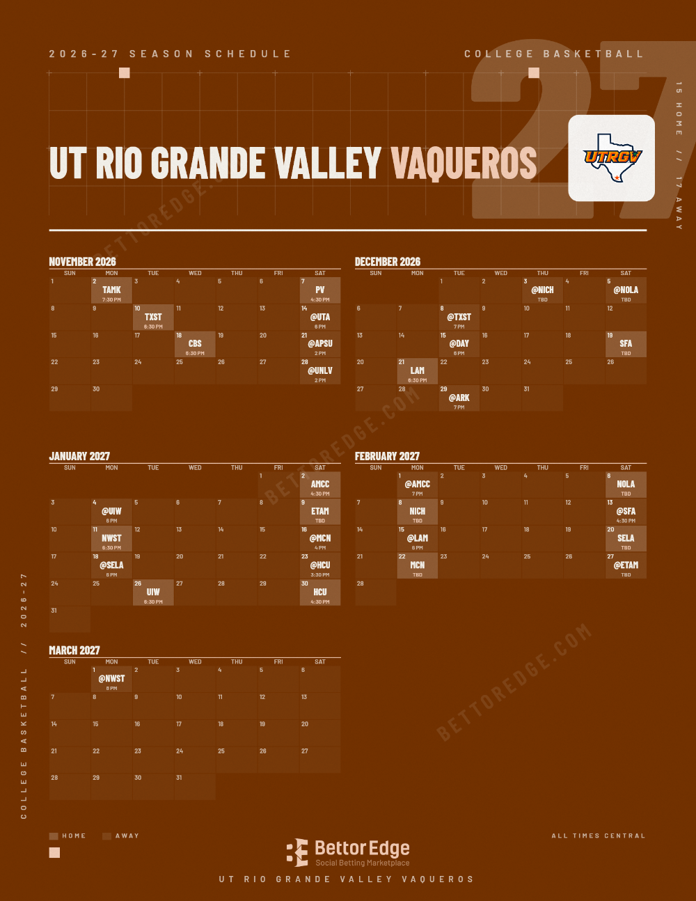 UT Rio Grande Valley Vaqueros 2026-27 basketball schedule, free printable, every game with start times and TV