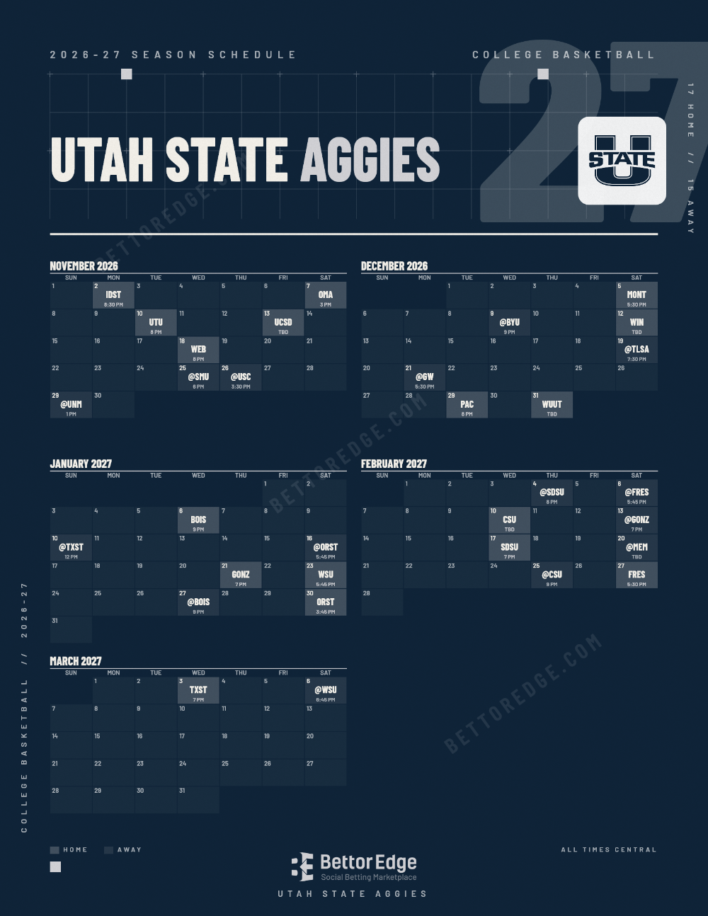 Utah State Aggies 2026-27 basketball schedule, free printable, every game with start times and TV