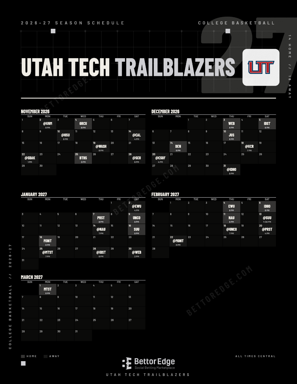 Utah Tech Trailblazers 2026-27 basketball schedule, free printable, every game with start times and TV