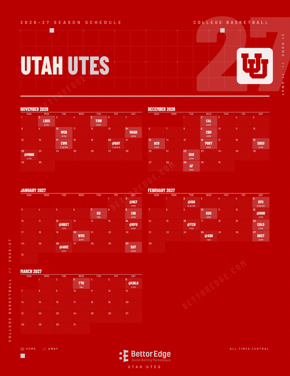 Utah Utes 2026-27 basketball schedule, free printable, every game with start times and TV